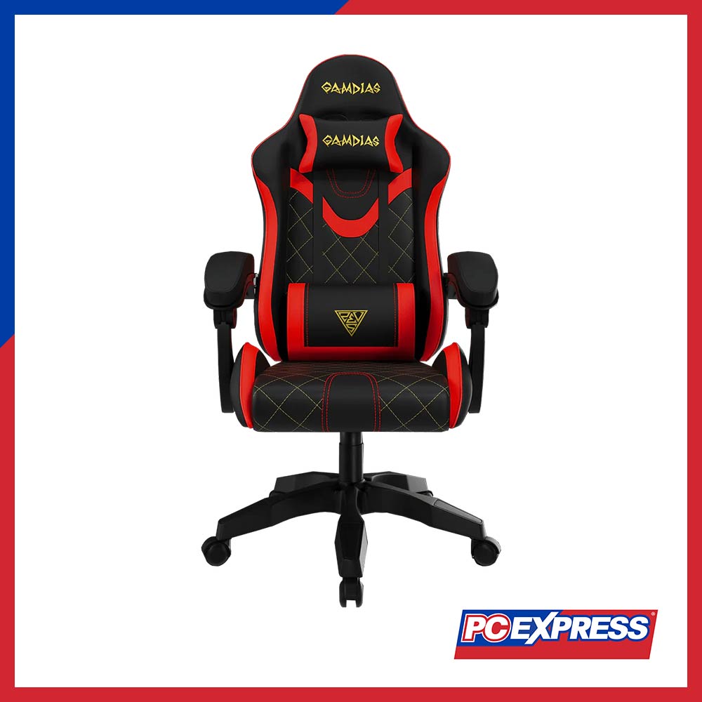 Red and black online gaming chair with speakers