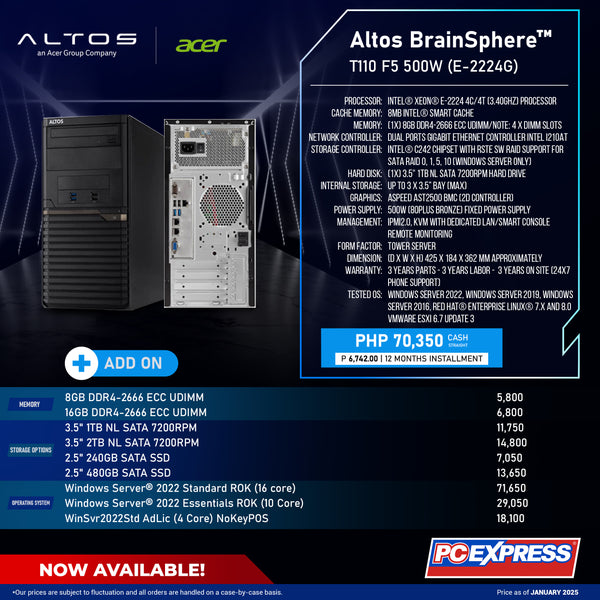 ACER Altos BrainSphere™ T110 F5 500W (E-2224G) Tower Server