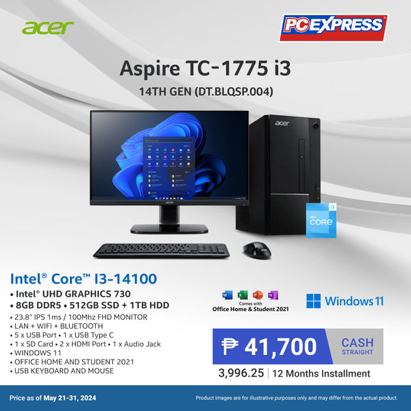 Acer Aspire TC-1775 Intel® Core™ i3 14th Gen (DT.BLQSP.004) Desktop Package