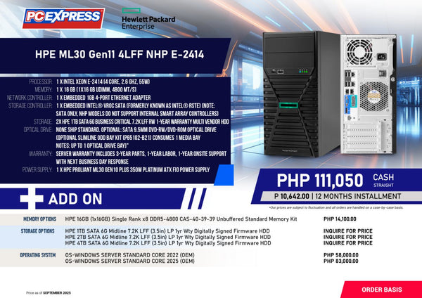 HPE ML30 Gen11 4LFF NHP E-2414 (P82650-375) Tower Server