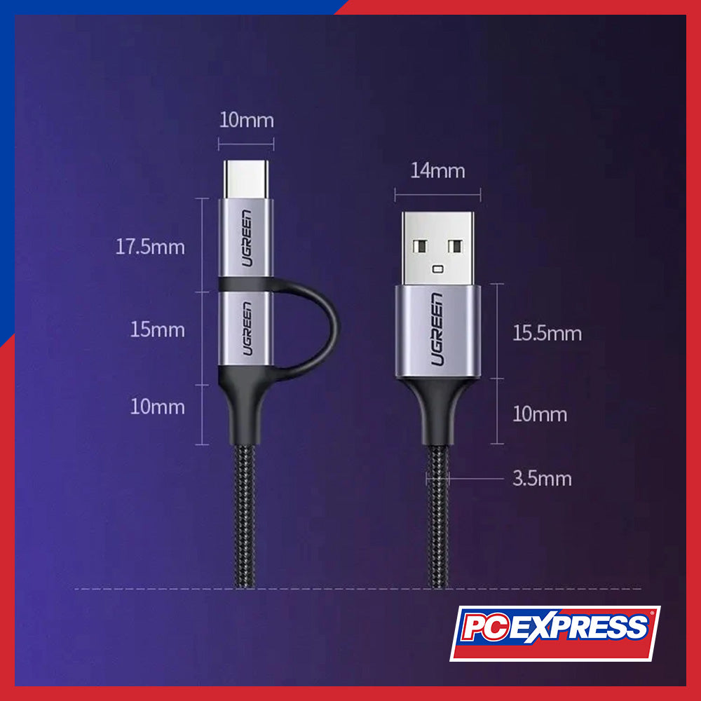 UGREEN (US177/30875) USB 2.0 A Male To Micro USB + USB-C Male 3A Data ...